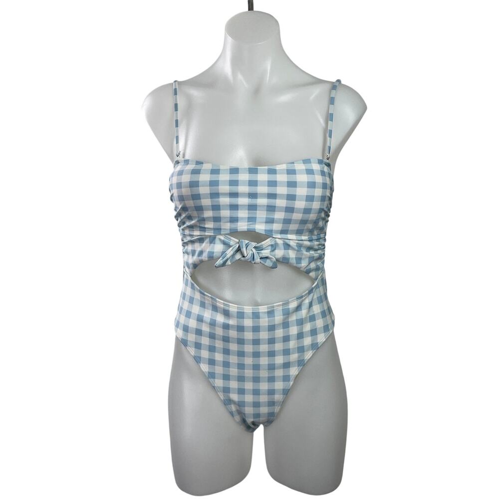 NEW Forever 21 Blue Gingham Check Cutout One Piece Swimsuit Swimwear Size L
